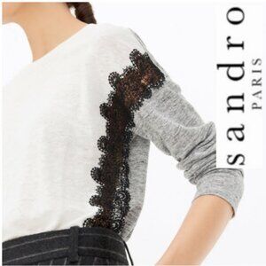 Sandro Gray & White Top with Black Lace Detail Cotton Size 1 Small